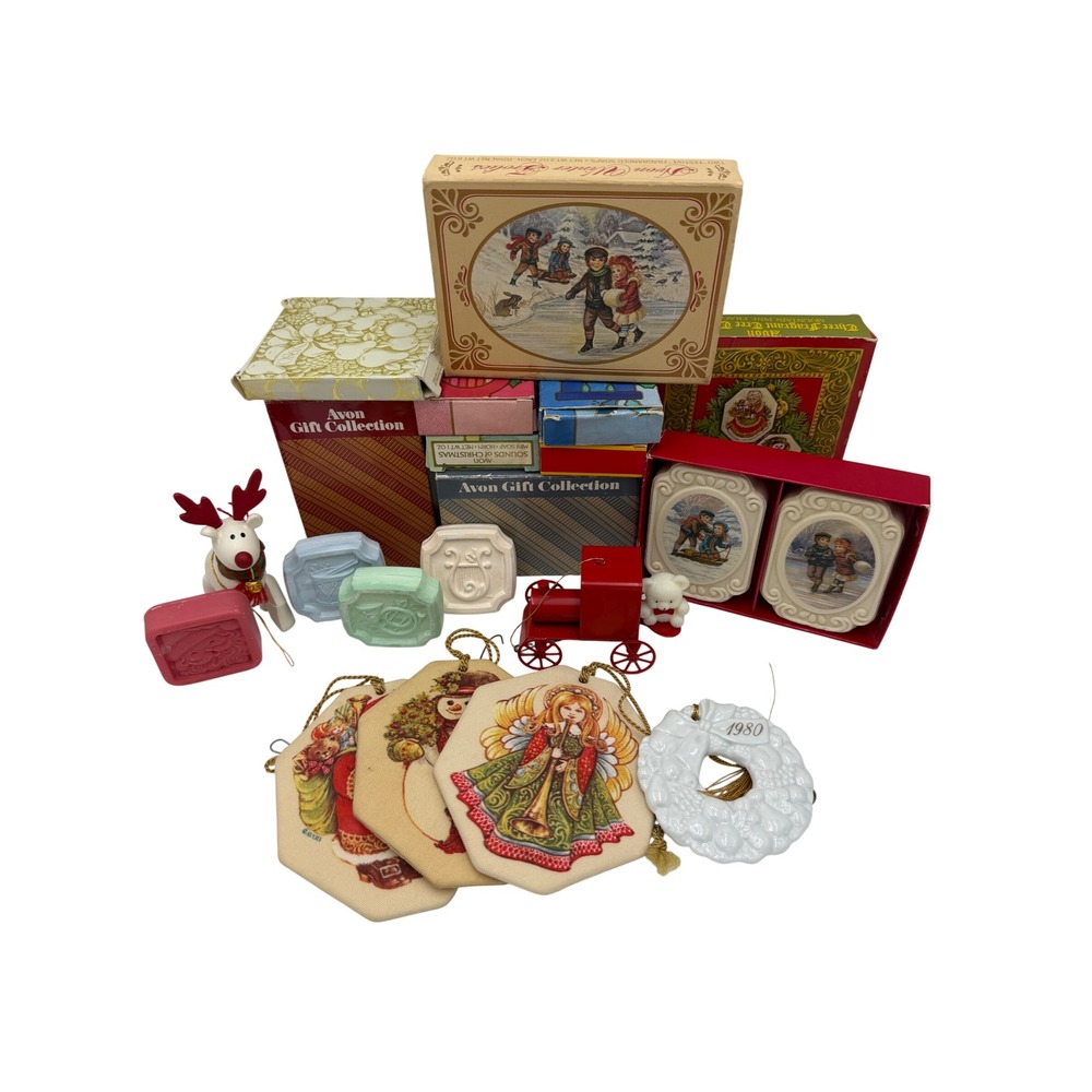 Vintage Avon Christmas Ornament and Soap Lot 1980 Wreath Reindeer Winter Frolics